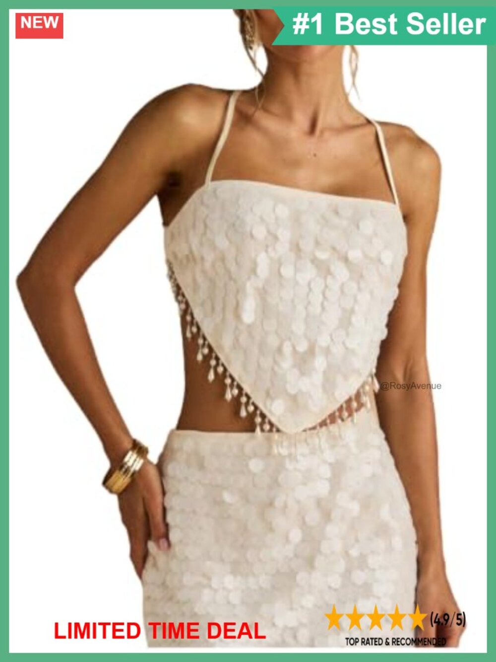 Sequin Beaded Fringe Halter Crop Top Backless Sparkly Cami